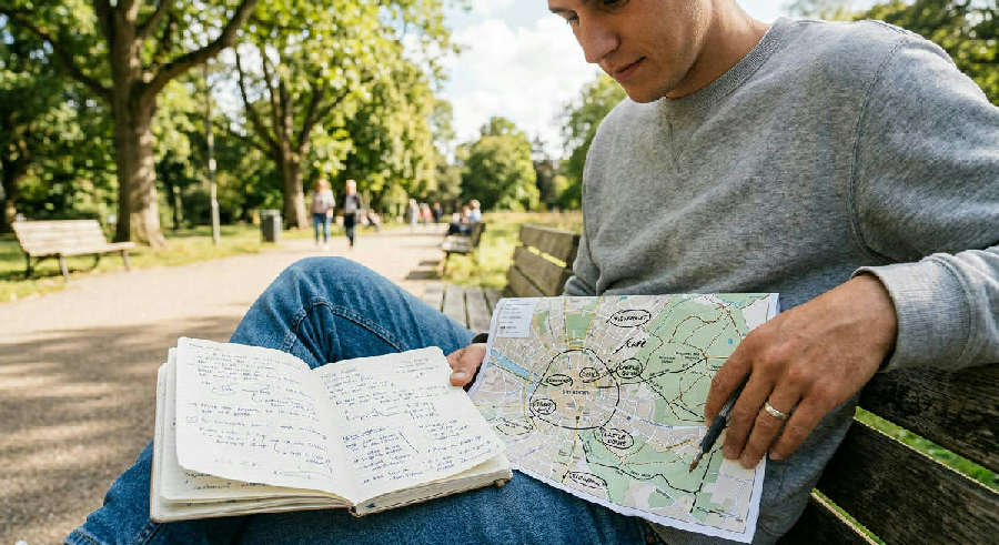 A person in a sweater sits on a sunny bench, reviewing a handwritten map and notes spread across their lap.