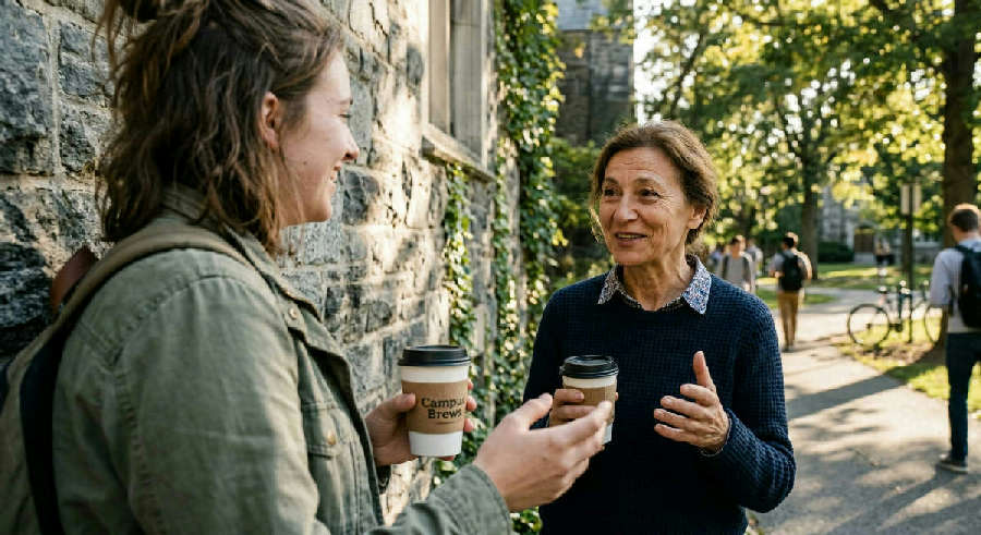A student with a coffee cup leans against a sunny stone wall while talking to an older mentor on a college campus.