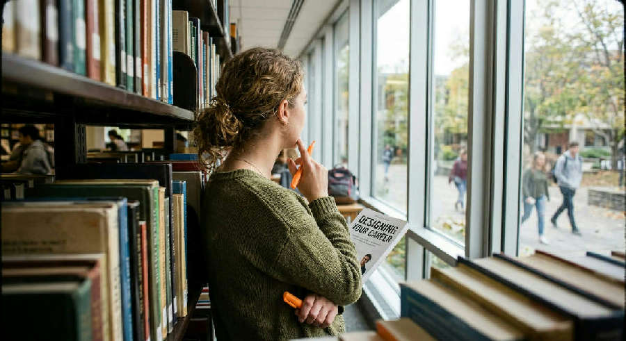 A person leaning against a library bookshelf looks out a bright window while holding a highlighter and career book.