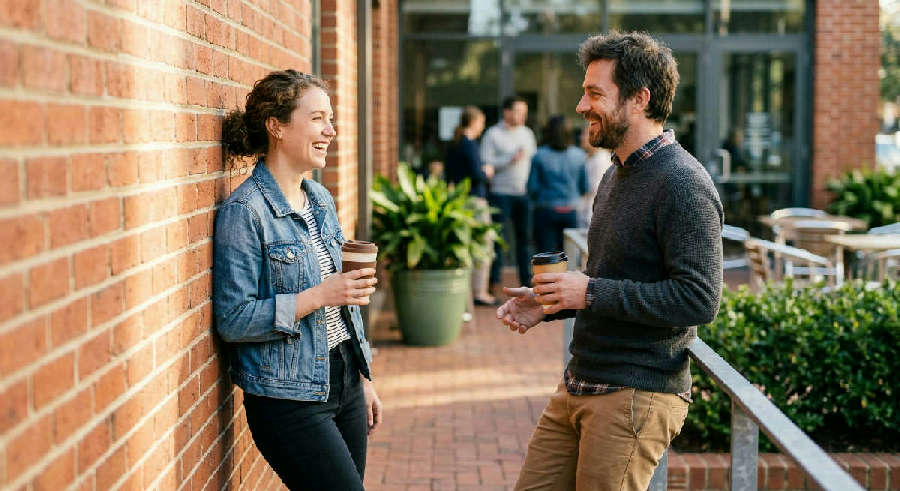 A person smiling and leaning against a sunlit brick wall while chatting and holding a coffee cup outdoors.