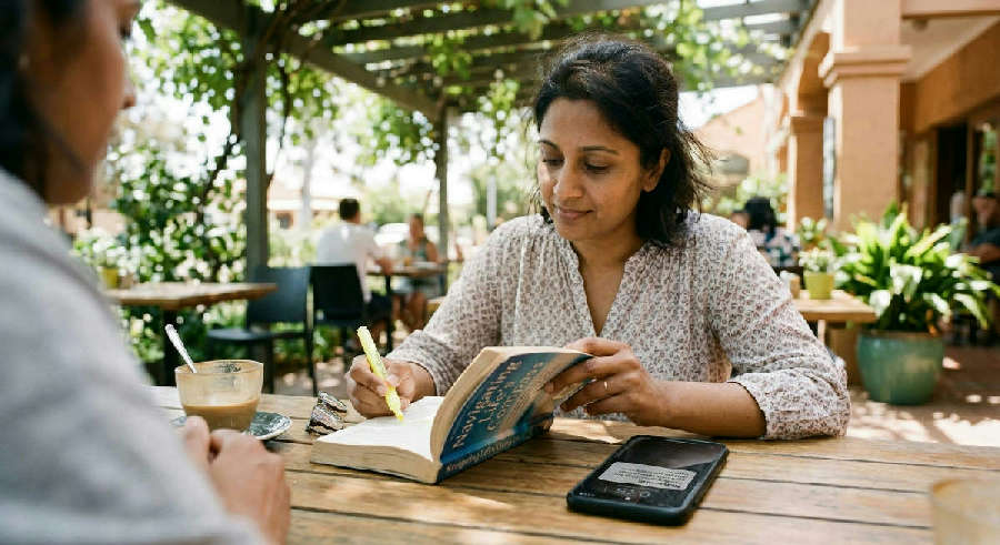 First-person view of a person reading a book on a sunny patio, with a text message from a mentor visible on a phone.