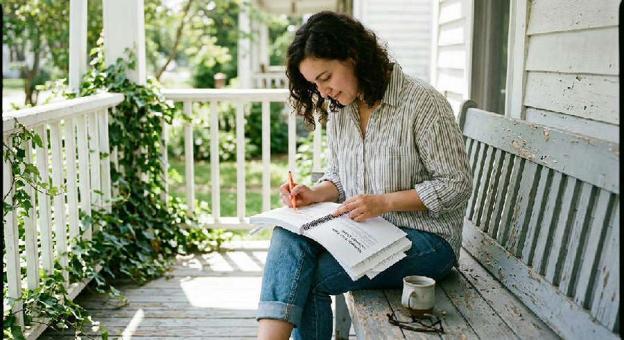 Over-the-shoulder view of a person on a sunlit porch using a highlighter to mark up a printed career guide.