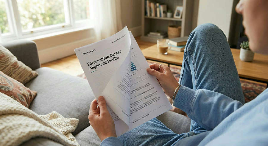 Over-the-shoulder view of a person holding a printed career report while sitting on a sofa in a sunlit living room.