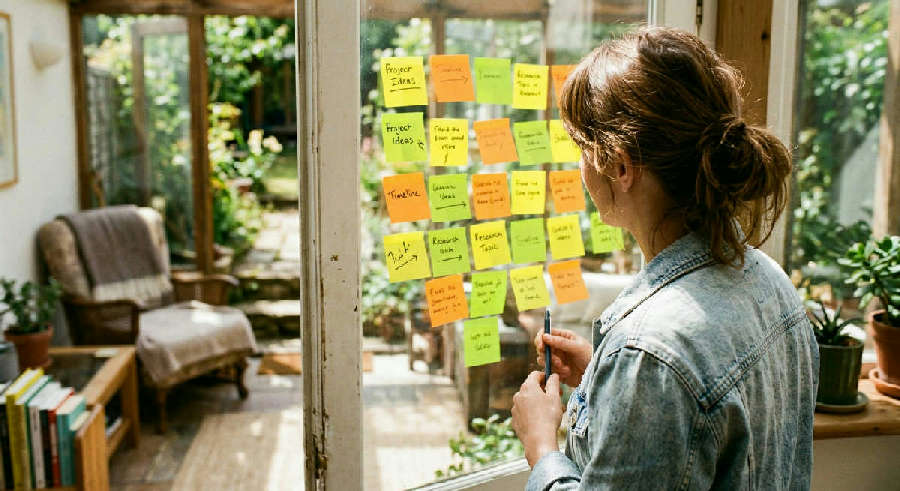A person in a denim jacket gazes thoughtfully at bright sticky notes on a glass door in a sunlit home studio.