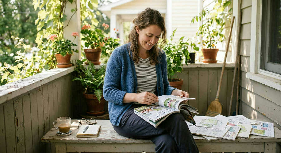 Woman smiles while sitting on a sunlit porch bench, looking through a stack of colorful magazines and hand-drawn sketches.