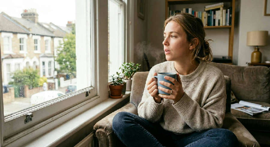A young professional looks out a bright window while exhaling softly and holding a warm mug on a relaxed afternoon.
