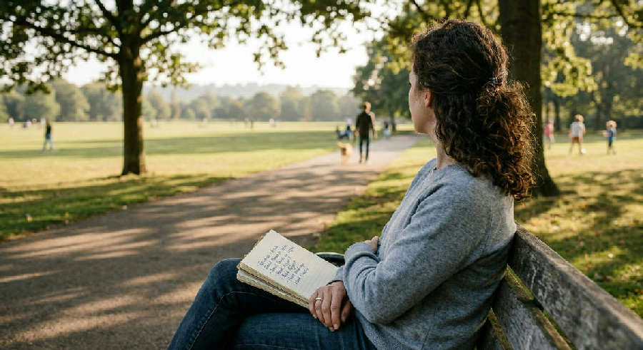 Person sitting on a park bench in soft afternoon light, looking at the horizon with a handwritten list on their lap.