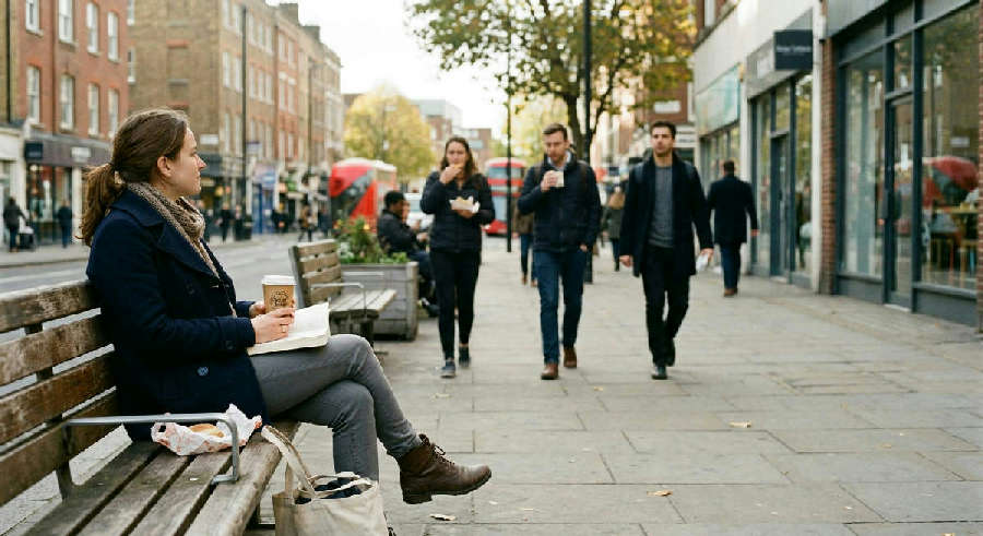 A professional sits on a city bench with a coffee cup, looking thoughtfully into the distance during a break.