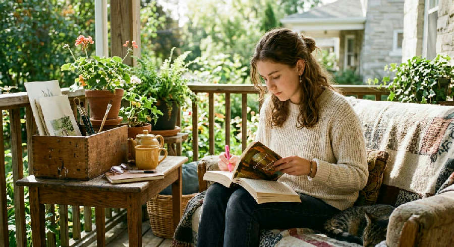 A person sits on a sunny porch, using a yellow highlighter on a book next to a ceramic mug of tea.