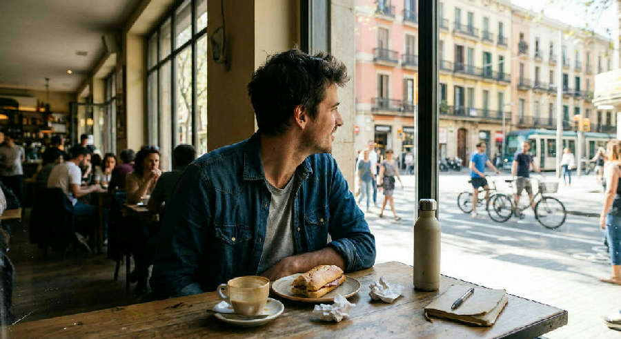 Young man in a sweater leans against a window frame, looking thoughtfully at a sunny city street during the day.