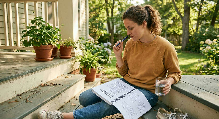 A person sits on sunny porch steps, reviewing a printed report with a pen and a glass of water in hand.
