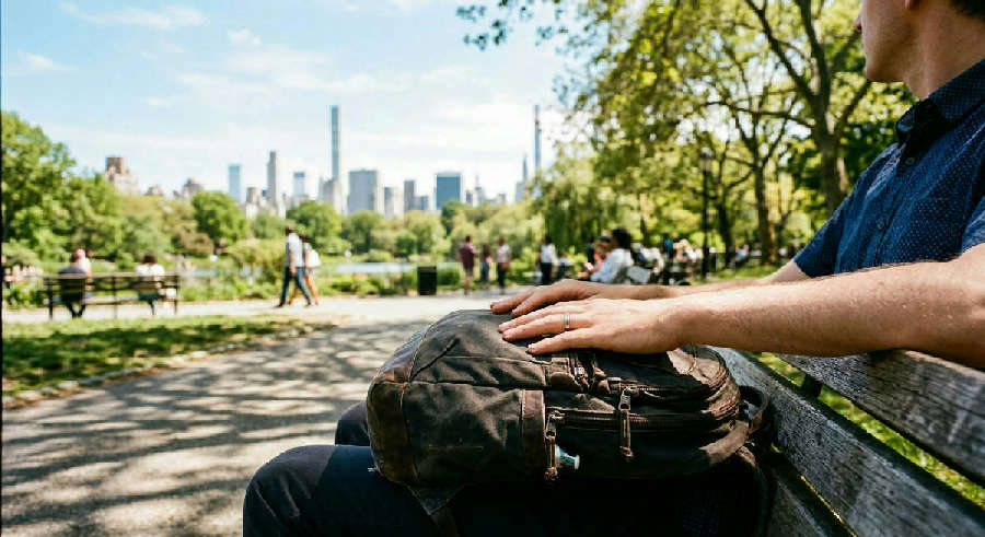A person sits on a park bench in soft sunlight, hands resting on a backpack while looking toward leafy green trees.