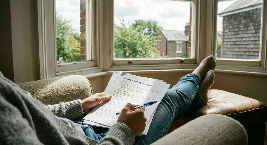 Person leaning back in a chair, holding a pen and a career report while looking out a bright, sunlit window.