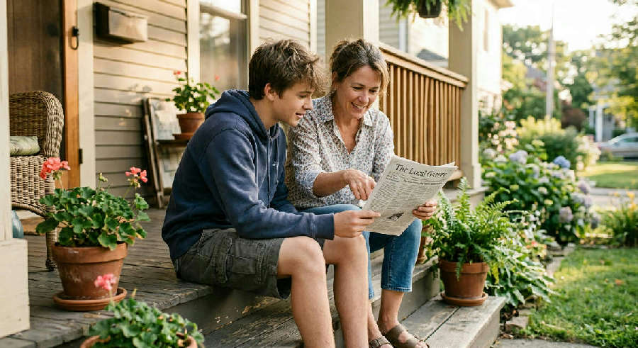 Teenager and parent sit on sunlit porch steps, focused on a printed document during a calm afternoon conversation.