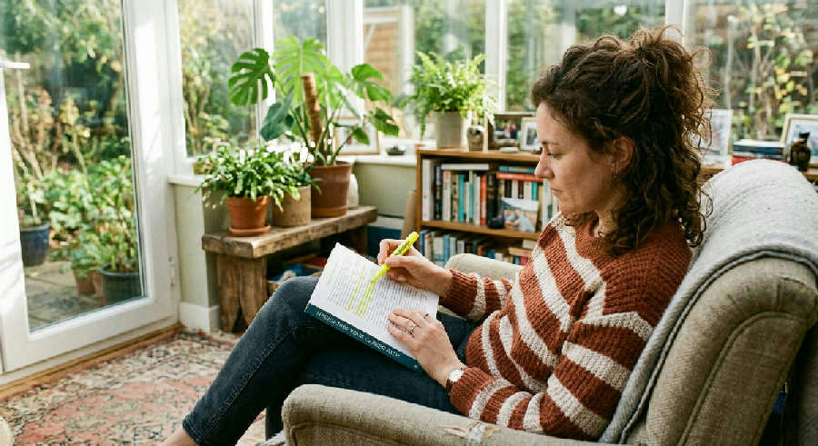 A woman in a sunlit room leans back in a chair, thoughtfully highlighting a book about career development on her lap.