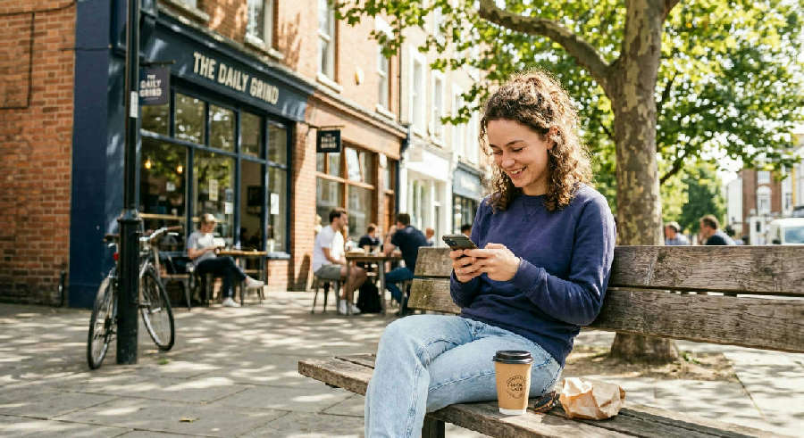 A person smiling while looking at a smartphone on a sunny cafe bench next to a takeaway coffee cup.