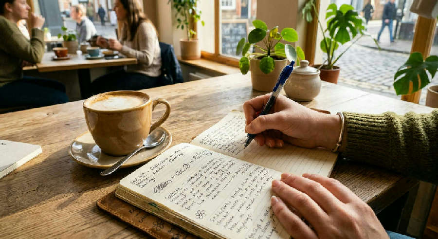 First-person view of a person writing in a notebook at a sunlit wooden cafe table next to a ceramic cup of coffee.