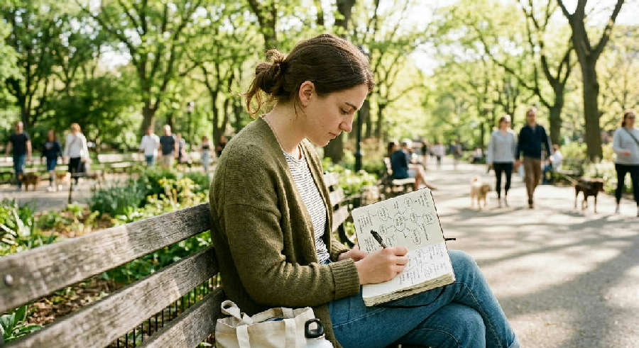 Over-the-shoulder view of a person sketching a branching mind map in a notebook while sitting on a sunlit park bench.