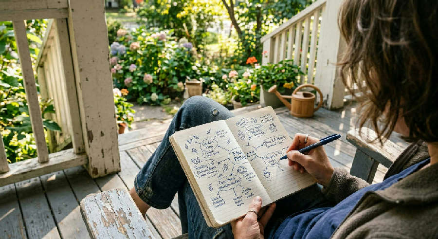 A person's perspective looking down at a notebook on their lap, sketching a mind map while sitting on sunny porch steps.