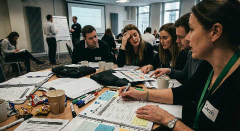 Over-the-shoulder view of a trainer marking a paper workshop manual during a lively breakout session in a dimly lit room.