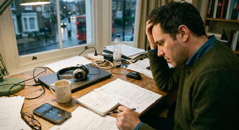 A person in a dim, moody office leans into a phone call while taking quick notes on a paper pad under a desk lamp.