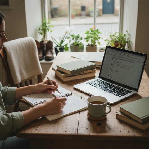 A professional writer works at a laptop on a rustic wooden table with a notebook and steaming mug in a bright room.