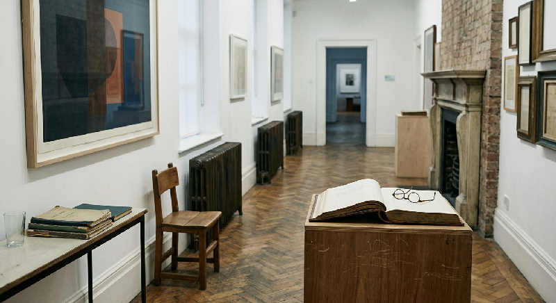 Soft light illuminates an empty art gallery with high ceilings, minimalist white walls, and a warm wooden floor.