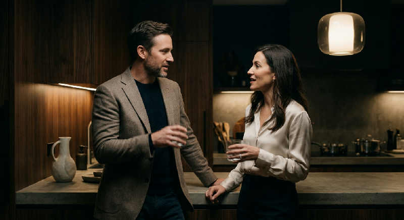 Four people in formal attire gather around a sleek marble kitchen island, engaged in conversation under soft, moody lighting.