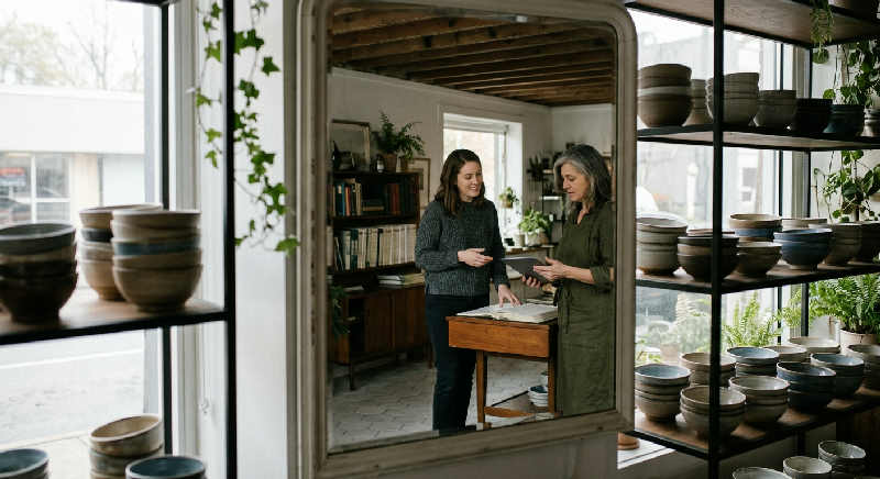 A shopkeeper’s reflection in a storefront window overlooking a quiet street, showing architectural patterns and soft light.
