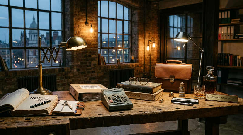 A leather briefcase and gold fountain pen rest on a dark wood table in a moody, industrial loft with soft shadows.