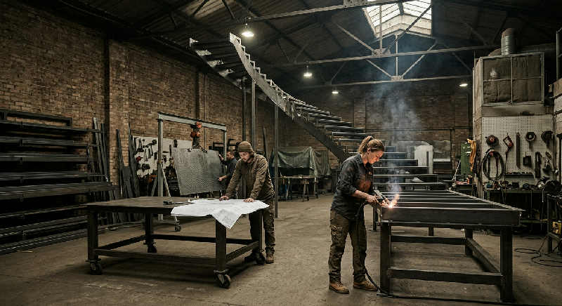 A skilled craftsperson works in a spacious, sun-drenched industrial studio filled with professional tools and wood.