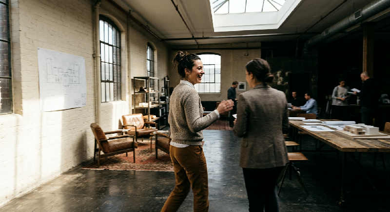 Two doctors in scrubs talk quickly while walking through a sunlit industrial loft with large windows and brick walls.