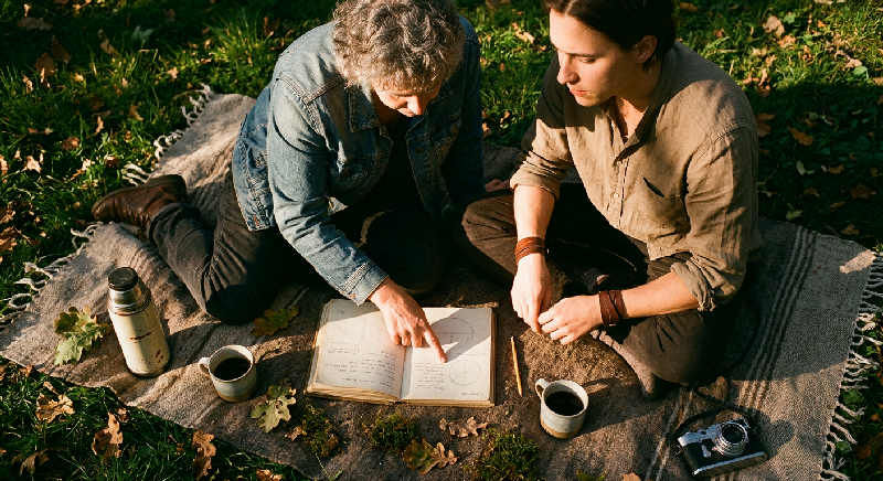 Friends relaxing in a sun-drenched garden at sunset, viewed from above with long shadows on the grass.