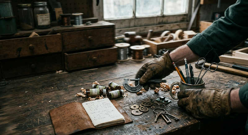 Close up of hands assembling leather craft materials on a wooden workshop table in soft, overcast light.