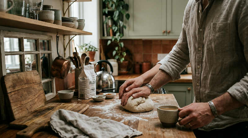 Two hands exchange a set of vintage brass keys over a rustic wooden kitchen table in soft, cinematic light.