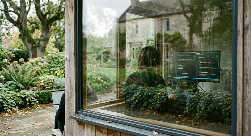 A professional working on a laptop, reflected in a large glass door overlooking a lush, sunlit English garden.