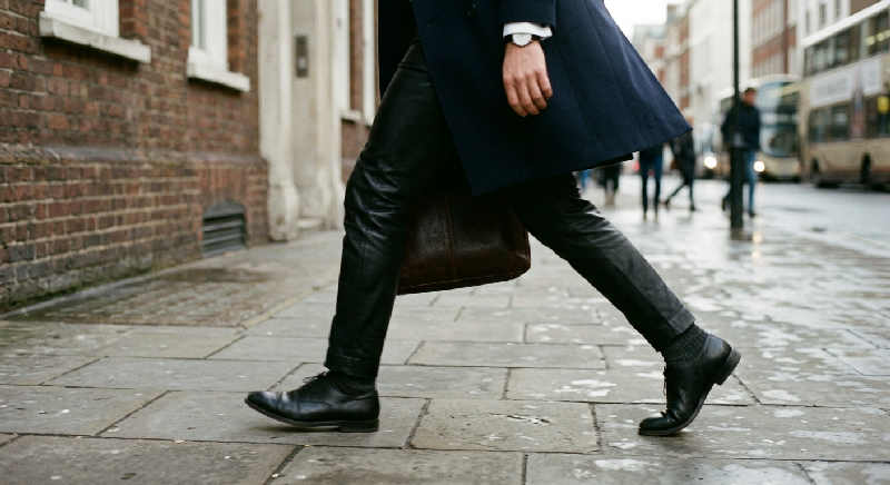 A blurred leather briefcase and polished dress shoes walking across a sunlit stone pavement with soft shadows.