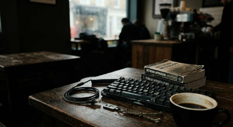 A close-up shot of a smartphone and worn leather wallet on a wooden cafe table under moody, low-key lighting.
