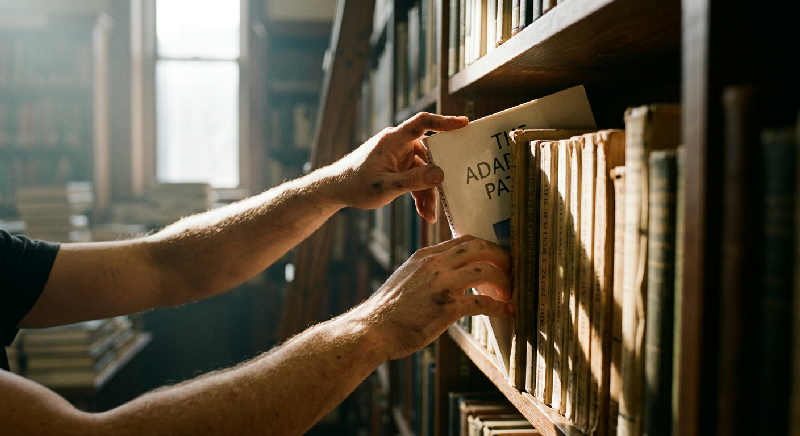 Close-up of hands reaching for a hardcover book on a library shelf, caught in morning sunlight and soft shadows.