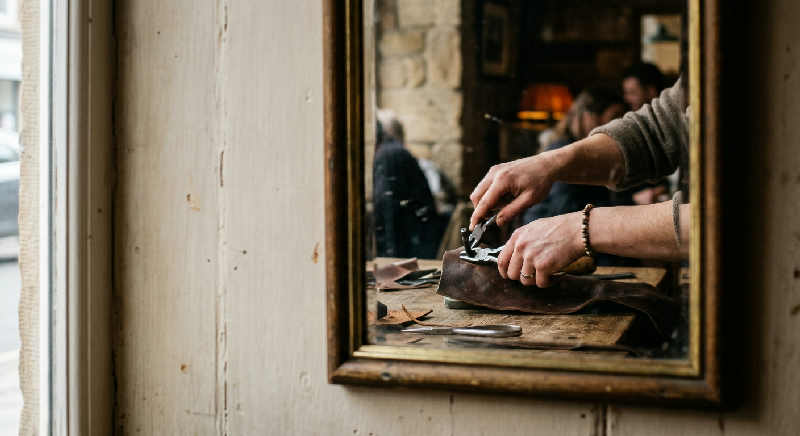 A person's hands polish a cafe window, reflected in the glass during a bright, energetic morning shift.