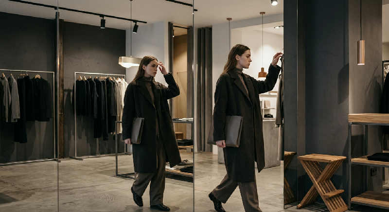 A person in professional attire reflects in a glass storefront window, adjusting their collar in the soft light.