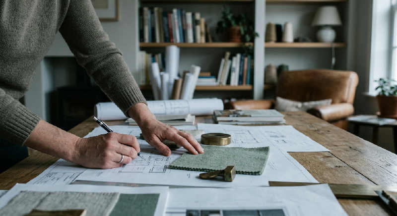 Close up of hands sketching an architectural plan on a charcoal grey desk in a peaceful, moody design studio.