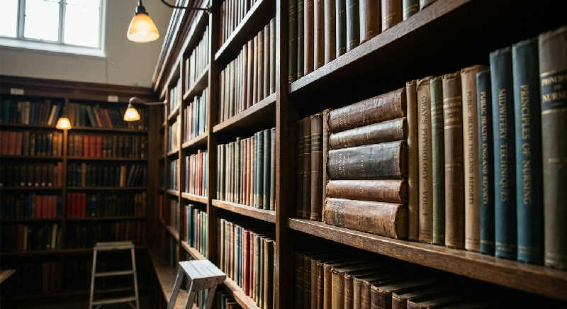 A close-up architectural view of leather-bound medical volumes and modern textbooks arranged on wooden library shelves.