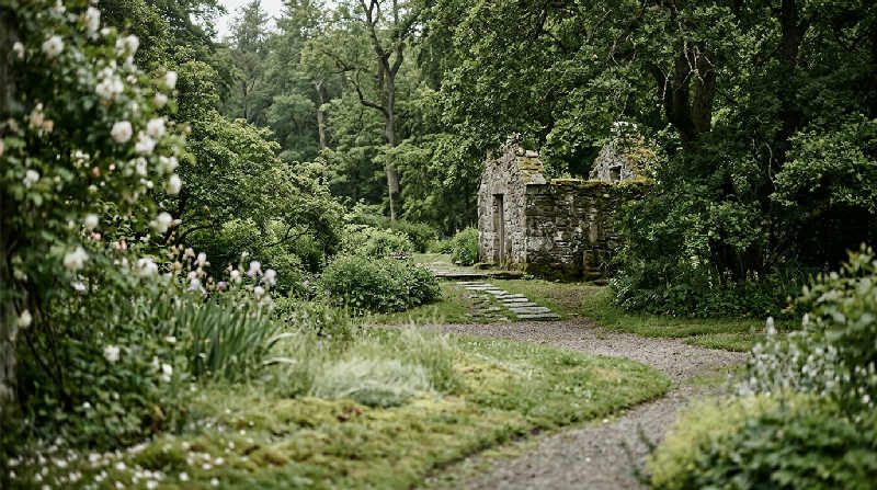 A winding stone path leads through a lush, misty garden with soft greenery and plenty of open negative space.