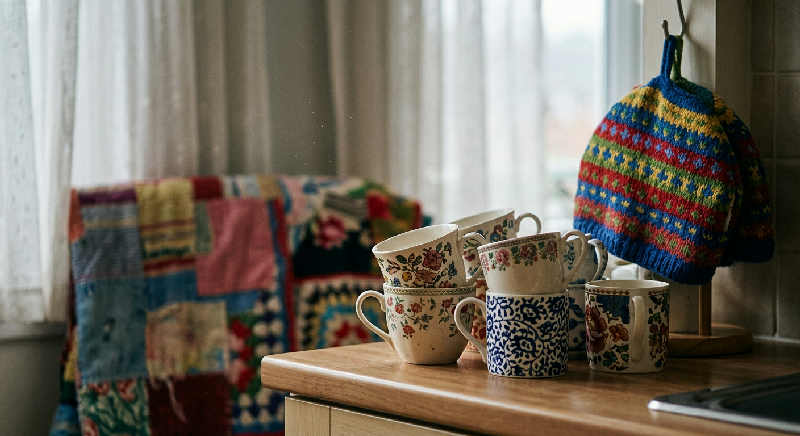 Rows of vintage porcelain tea cups sit on a wooden shelf in an apartment, catching soft morning sunlight haze.