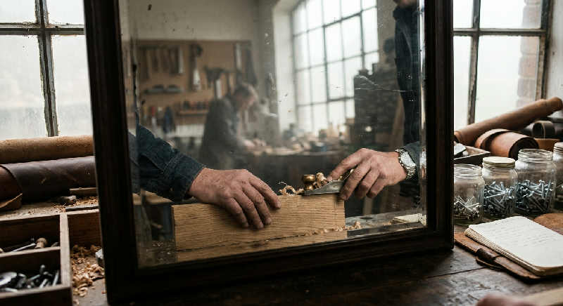 A person's hands work carefully over a sunlit workshop bench, reflected in a polished surface through morning haze.
