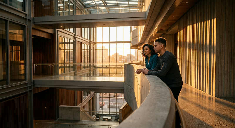 A low-angle view of a professional standing in a modern building as warm sunset light creates long shadows on the floor.