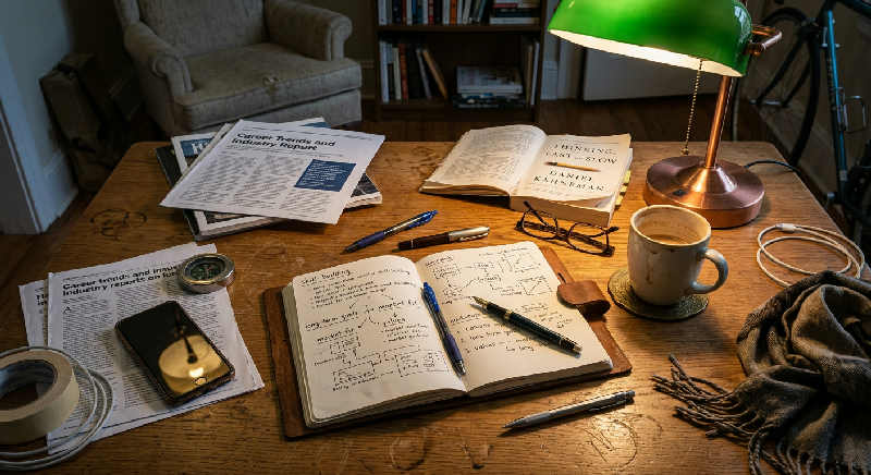 Open journals, scattered floor plans, and a wooden ruler rest on a textured rug under warm lamp light.