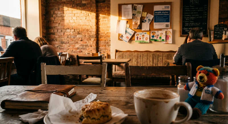 Warm sunset light glints through a cafe window, highlighting the wooden table textures and a worn leather satchel.