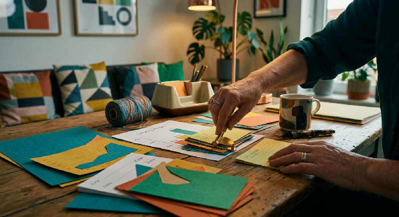 Close-up of hands arranging colorful building blocks on a dark wooden surface in a stylishly lit room.